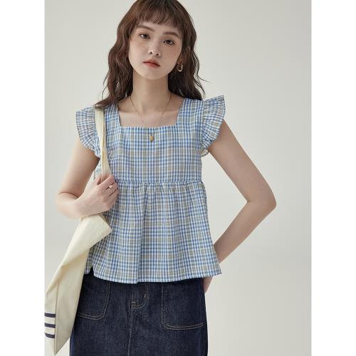 「北島AMUU」藍色小飛袖格紋吊帶背心女夏季甜美簡約百搭休閑上衣