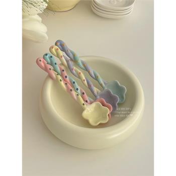 可愛小眾彩色扭曲手繪波點五角星陶瓷勺子仙女棒甜品勺攪拌勺禮物