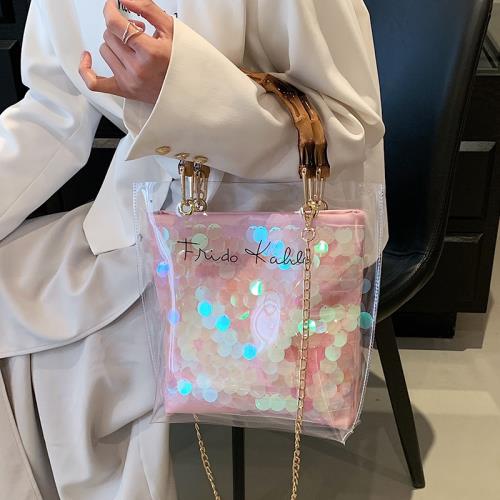 流行透明托特包包女2025新款夏百搭鏈條斜挎果凍包竹節手提水桶包