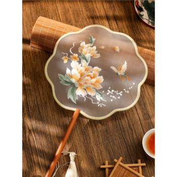 香檳牡丹蘇繡世家刺繡雙面繡團扇繡花扇子夏兒童古裝漢服旗袍圓扇