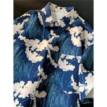 美式復古夏威夷花襯衫男冰絲短袖高級感七分半袖海邊度假沙灘襯衣