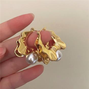 輕奢復古金屬波浪小眾設計珍珠