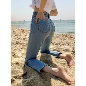 納米超薄款冰絲直筒牛仔褲女2023年夏季新款高腰顯瘦淺色煙管褲子
