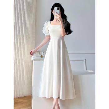 溫柔風白色連衣裙夏季2023赫本法式收腰顯瘦高端氣質仙女方領長裙