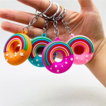 新款彩虹甜甜圈鑰匙扣雙面立體星空彩虹面包鑰匙圈掛件活動禮品
