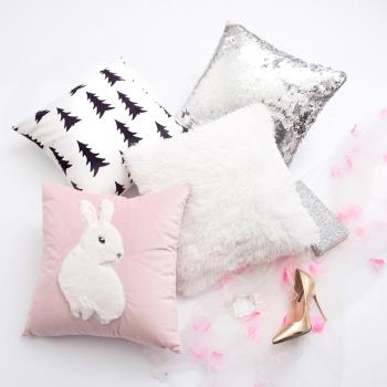 粉色ins網紅抱枕 北歐兔少女心床上靠枕套毛毛亮片沙發不含芯靠墊