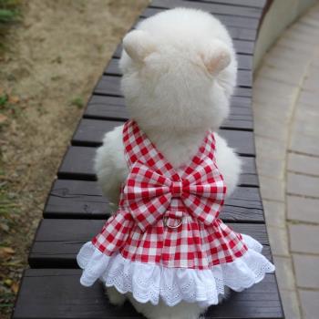 寵物貓狗蕾絲格子連衣裙中小型犬胸背牽引衣服泰迪比熊薄款春夏裝