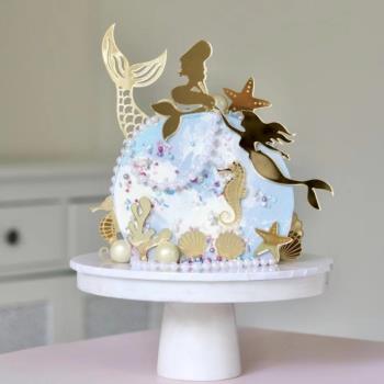 新ins風海洋美人魚貝殼海星海馬水草魚尾蛋糕裝飾亞克力蛋糕插件
