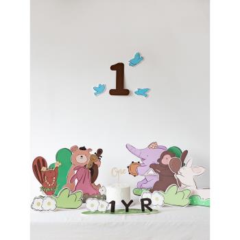 兒童生日小紅書同款周歲生日布置桌面KT板可愛動物背景拍照裝飾