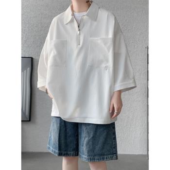 美式半拉鏈Polo衫男夏季潮牌大口袋七分袖T恤純白色oversize短袖