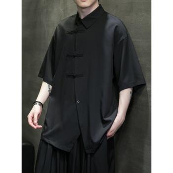 黑色冰絲襯衫男夏季薄款外套中式盤扣上衣中國風復古唐裝短袖襯衣