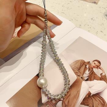 挪威小眾品牌滿鉆手工大珍珠蛇形手機鏈高級感鋯石仙貝手機殼掛件