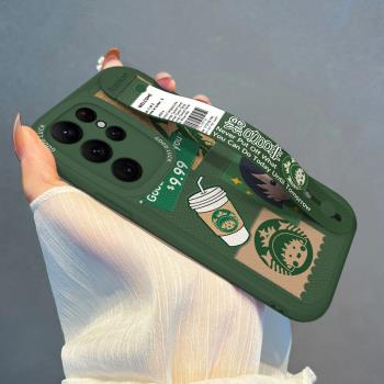 適用三星S23手機殼腕帶小丸子Galaxys22高階感S21咖啡標簽S20保護套ultra女新款創意FE卡通+防摔軟矽膠