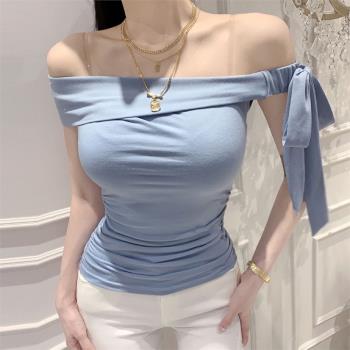 韓國東大門夏季新款性感露肩蝴蝶結系帶氣質女人味緊身無袖T恤女