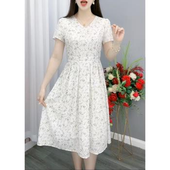 高端短袖連衣裙女2023新款夏季媽媽碎花小個子紗料白色顯瘦裙子