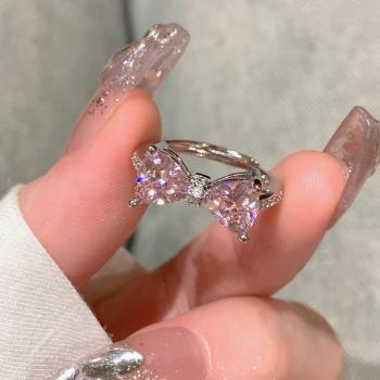 粉色蝴蝶結鋯石戒指女夏2023年新款小眾設計指環開口可調節食指戒