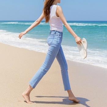 淺色冰絲直筒牛仔褲女2023年夏季薄款新款高腰顯瘦小個子煙管褲子