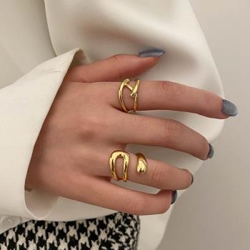 韓版個性交叉編織女生純銀戒指氣質金色質感潮流嘻哈開口指環飾品