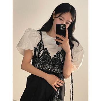 韓國chic夏季新款百搭設計感小眾蕾絲吊帶+圓領泡泡袖襯衫兩件套