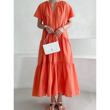 韓國chic夏季新款輕奢時尚小眾設計感V領寬松皺褶蛋糕裙連衣裙女