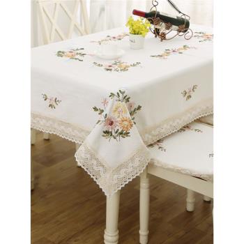 家用布藝餐桌布田園棉麻繡花臺布茶幾中式輕奢高級感長方形蓋巾