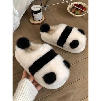 細細條 熊貓棉拖鞋女冬季室內居家用防滑可愛毛絨保暖月子軟底鞋