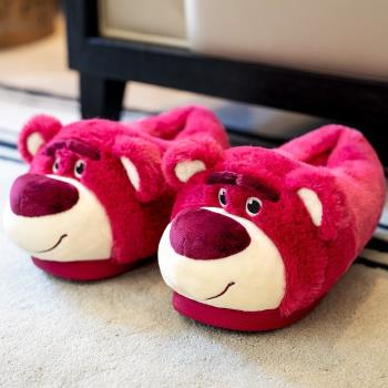 正版迪士尼草莓熊棉拖鞋女可愛全包跟秋冬季毛絨棉鞋室內保暖家用