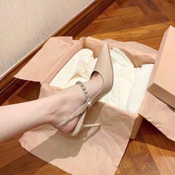 高跟鞋女細跟尖頭2024年春季新款網紅裸色包頭涼拖時尚水鉆半拖鞋