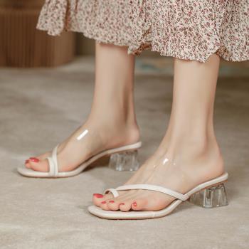 時尚韓版仙女風中跟透明夾腳拖鞋