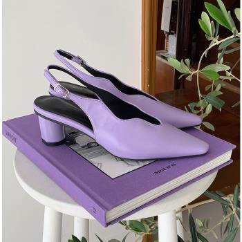時尚潮流花邊粗跟袢帶紫色女鞋