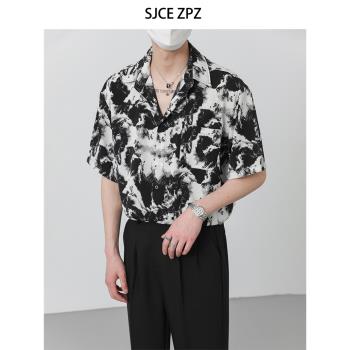 ZPZ夏季上衣韓國寬松高級垂感短袖襯衫 男裝潮流痞帥水墨免燙襯衣
