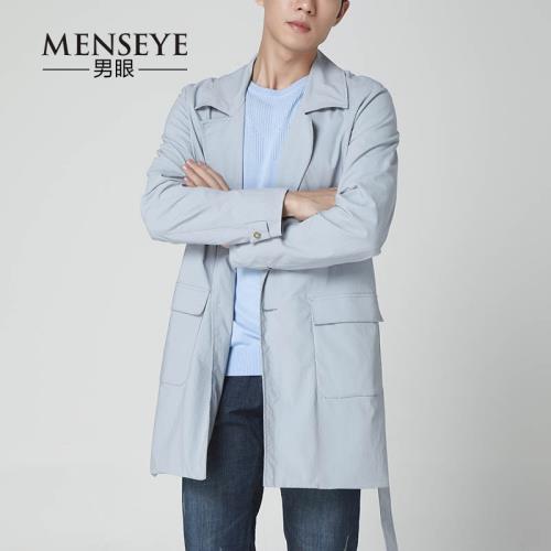 Menseye男眼淺灰色風衣扣子春秋大衣長袖青年潮流時尚上衣風衣