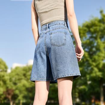 唐獅23夏季新款牛仔短褲女寬松顯瘦高腰闊腿潮流百搭時尚中褲女