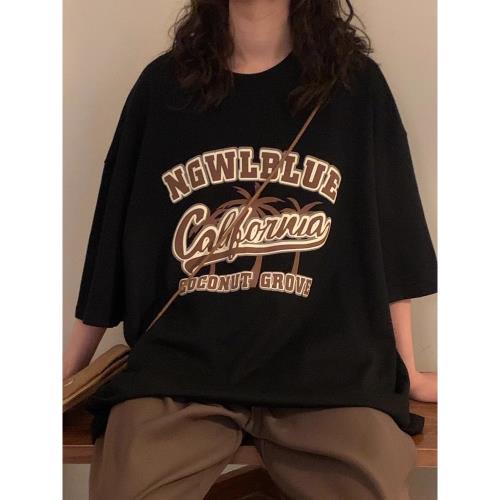 復古純棉短袖女t恤夏季美式小個子半袖上衣黑色重磅寬松2024新款