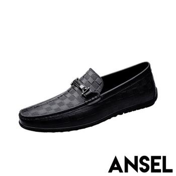 【ANSEL】樂福鞋 真皮樂福鞋/真皮頭層牛皮格子壓紋一字釦造型百搭樂福鞋 - 男鞋 黑