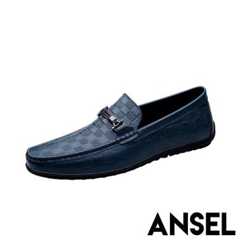 【ANSEL】樂福鞋 真皮樂福鞋/真皮頭層牛皮格子壓紋一字釦造型百搭樂福鞋 - 男鞋 藍