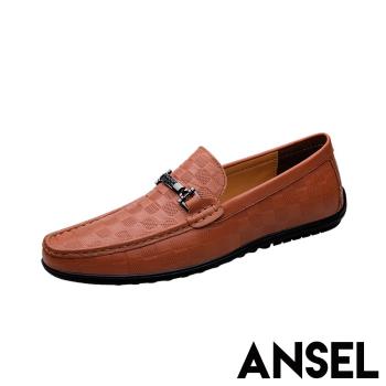 【ANSEL】樂福鞋 真皮樂福鞋/真皮頭層牛皮格子壓紋一字釦造型百搭樂福鞋 - 男鞋 棕