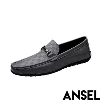 【ANSEL】樂福鞋 真皮樂福鞋/真皮頭層牛皮格子壓紋一字釦造型百搭樂福鞋 - 男鞋 灰