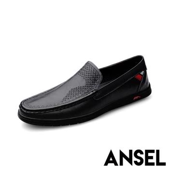 【ANSEL】樂福鞋 休閒樂福鞋/真皮頭層牛皮設計交叉壓紋休閒樂福鞋 - 男鞋 黑