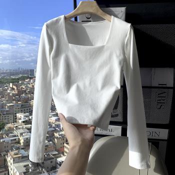 新款長袖方領t恤女春秋季純棉修身打底衫短款顯瘦設計感白色上衣