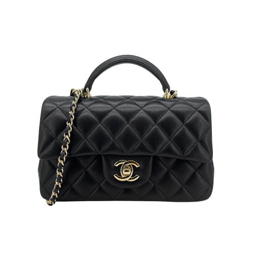Chanel Coco Handle 羊皮淡金鍊迷你手把斜背口蓋包(AS2431-黑)