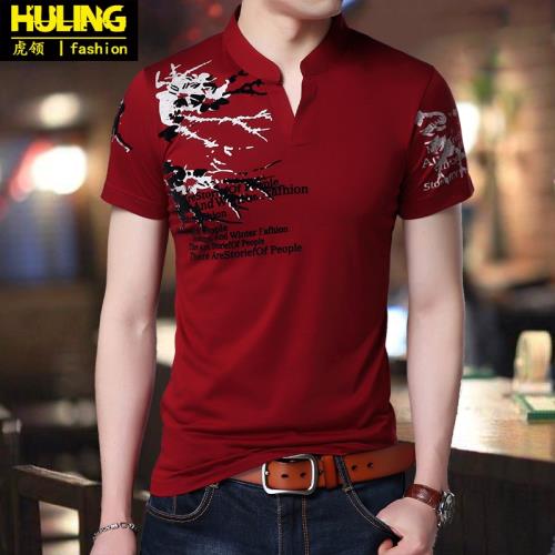 男短袖T恤夏季立領中國風印花體恤修身潮流Polo衫上衣裝韓版打底