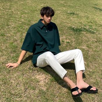 MRCYC韓版男士翻領短袖t恤寬松polo衫潮流半袖體恤純色男裝上衣服