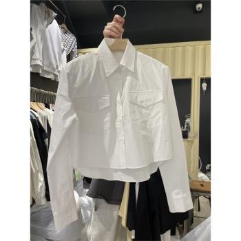 韓國東大門春裝新款簡約單排扣POLO領墊肩白色百搭長袖襯衫上衣女