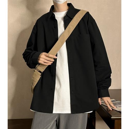 黑色長袖襯衫男春季潮流港風寬松內搭打底白色襯衣痞帥氣男生外套