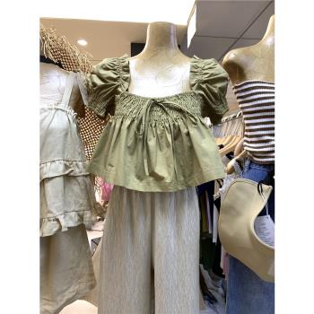 十三行夏裝新款法式寬松顯瘦純色方領襯衫甜美減齡娃娃短袖上衣女