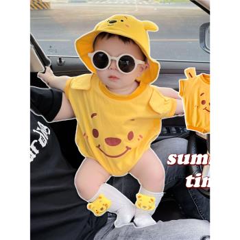 嬰兒衣服夏款短袖外出包屁衣韓版寶寶潮流可愛黃色小熊造型拍照服