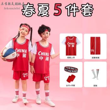 新款籃球服學生假兩件運動套裝體能服兒童籃球衣服春季可印字印號