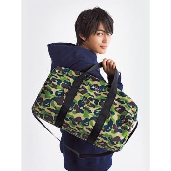 日本雜志猿人迷彩圓筒包旅行包休閑單肩斜挎包超大行李包健身包