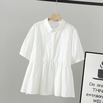 胖mm新款夏裝韓版大碼200斤白色套頭襯衫女設計感短袖POLO領上衣